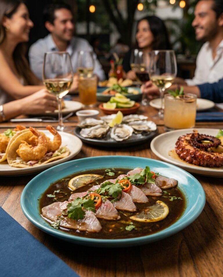 En Mariscos Don Pancho, la Roma Condesa reúne ceviche, ostiones, pulpo y camarones frescos en una mesa de mariscos con ambiente de CDMX.