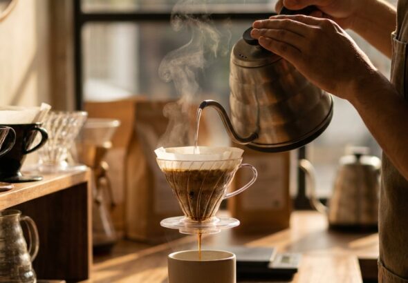Barista prepares a pour-over coffee at Once Café, pouring hot water through a dripper as steam rises in the warm light of the morning.