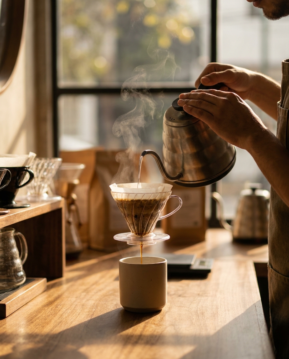 Barista prepares a pour-over coffee at Once Café, pouring hot water through a dripper as steam rises in the warm light of the morning.