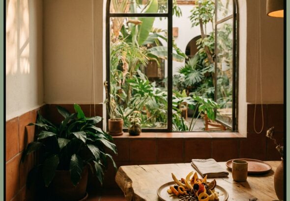 A warm restaurant dining room opens to a lush courtyard, with a rustic wooden table set with plated seasonal dishes in Condesa.