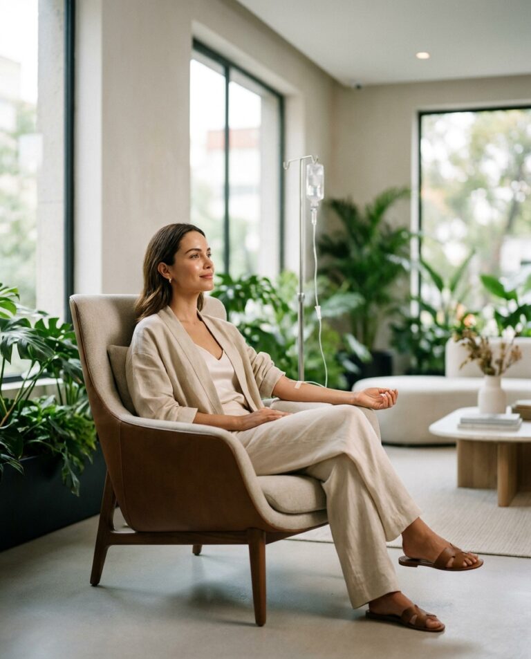 Relaxed woman in a beige lounge set sits comfortably in a bright room, with abundant green plants and a tall IV stand nearby