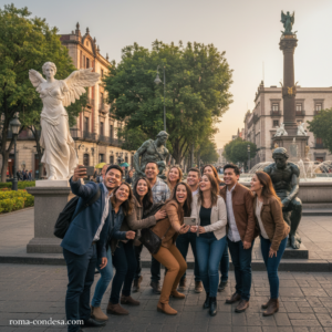 Grupo de personas se toma un selfie frente a la Fuente de las Cibeles, con figuras pétreas y esculturas de bronce en Roma Norte