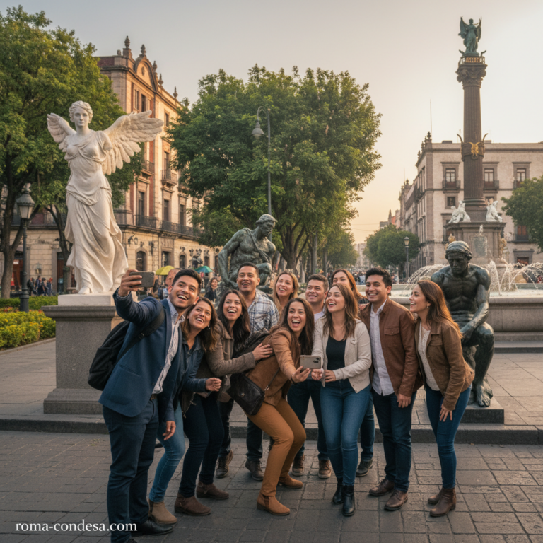 Grupo de personas se toma un selfie frente a la Fuente de las Cibeles, con figuras pétreas y esculturas de bronce en Roma Norte