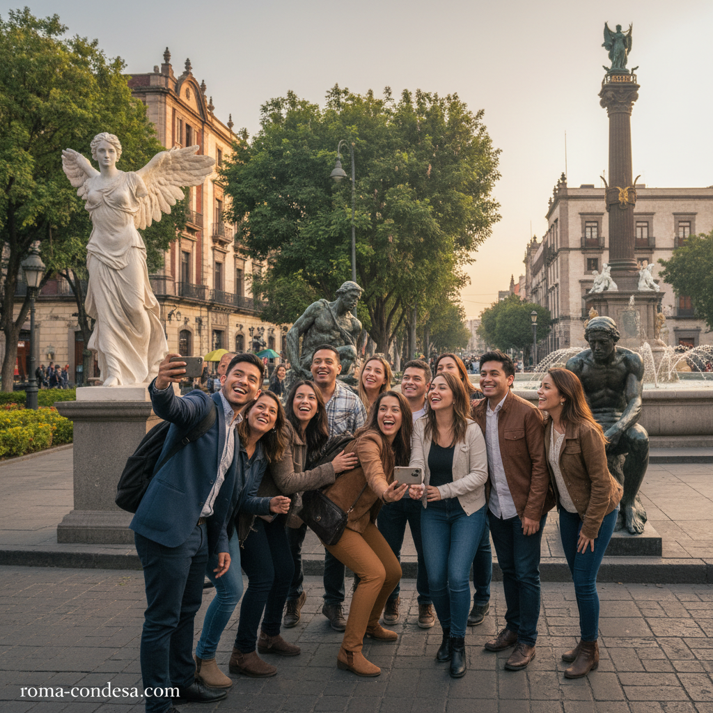 Grupo de personas se toma un selfie frente a la Fuente de las Cibeles, con figuras pétreas y esculturas de bronce en Roma Norte