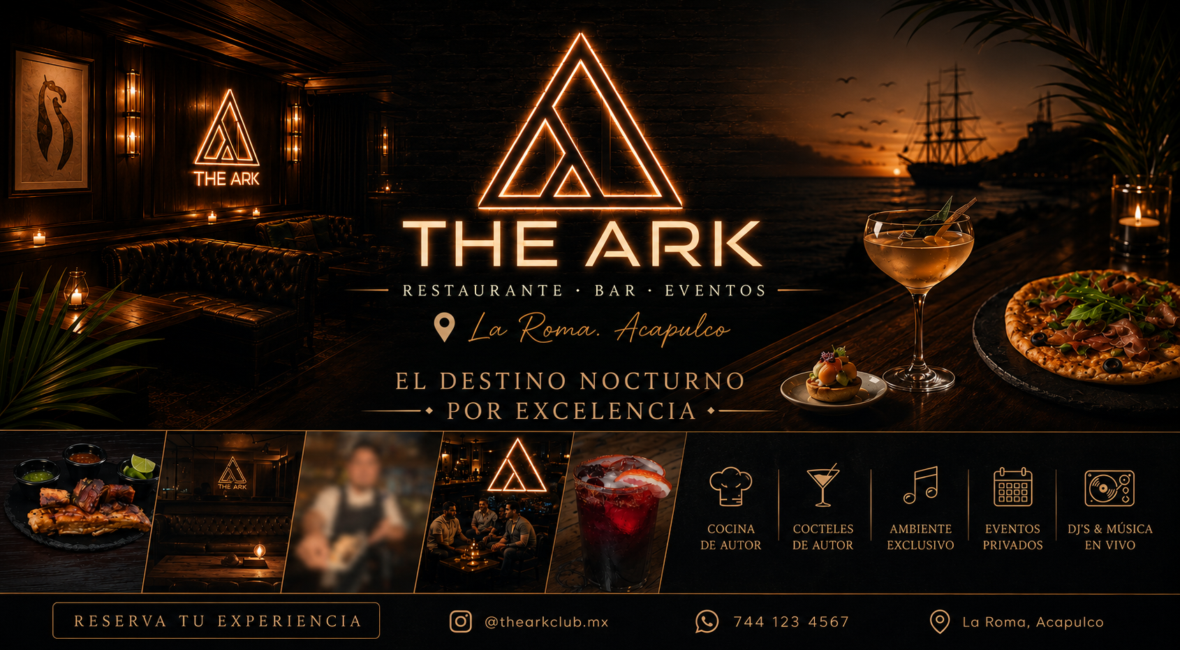 The Ark in La Roma, Acapulco glows with warm neon, candlelit dining, cocktails, pizza and a sunset-inspired lounge atmosphere for live music.