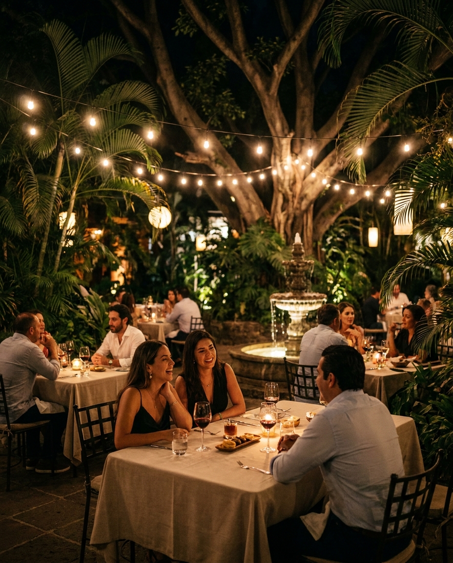 Guests share dinner at Casa Tabachin in Cuernavaca, surrounded by lush gardens, string lights and a fountain under the evening canopy.