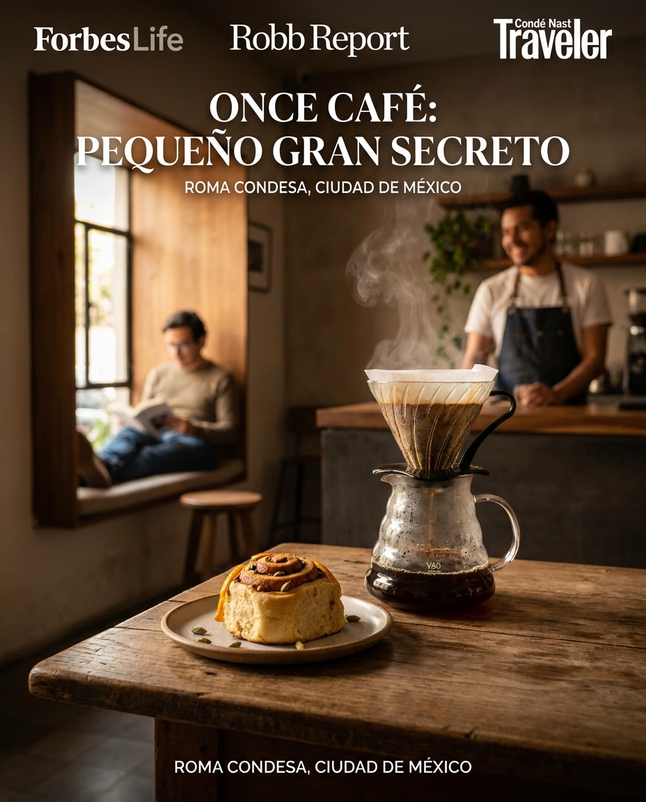 Inside Once Café in Roma Condesa, a steaming pour-over sits beside a cinnamon roll on a wooden table while a barista and reader soften the background.