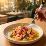 A colorful signature ceviche at Mariscos Don Pancho mixes shrimp, octopus, fish, mango, and chili as a hand lifts a fork in warm evening light.