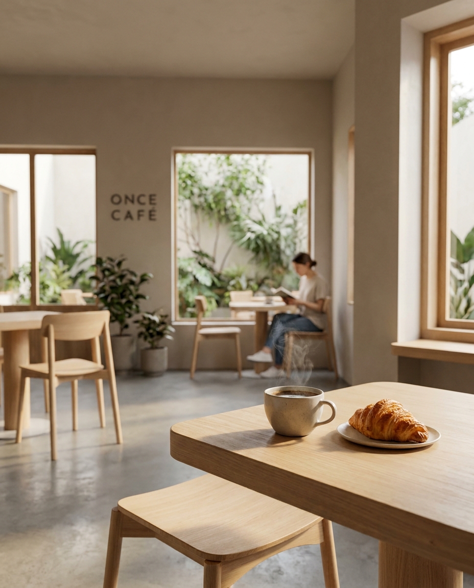 Warm sunlight fills Once Café, where a steaming cup of coffee and a croissant rest on a wooden table beside a calm, minimalist interior.