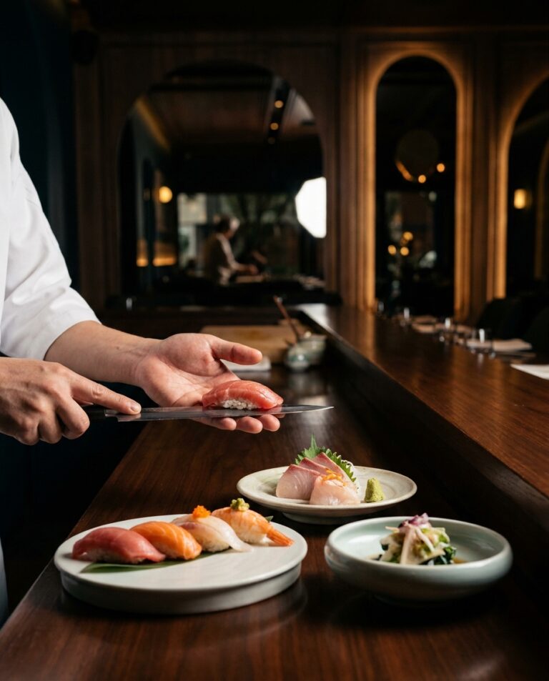 A sushi chef serves fresh omakase nigiri beside sashimi plates on a polished wooden counter in a dim, elegant Japanese dining room in Roma Condesa.