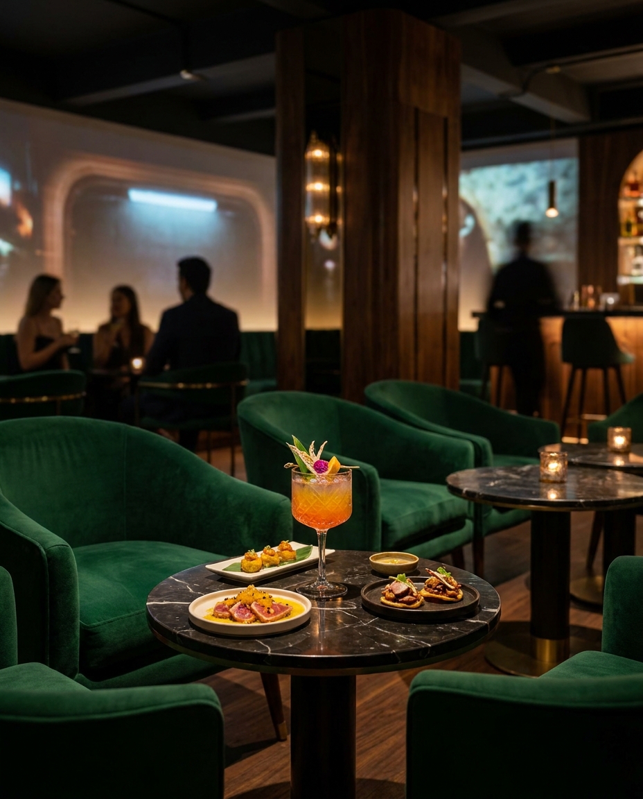 At The Ark Club Roma, emerald velvet chairs frame a marble table with cocktails and small plates in a dim, stylish nighttime lounge.