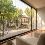 A bright apartment in Roma opens onto a tree-lined street in Mexico City, with warm wooden floors, a coffee cup by the window, and pedestrians below.