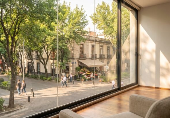 A bright apartment in Roma opens onto a tree-lined street in Mexico City, with warm wooden floors, a coffee cup by the window, and pedestrians below.