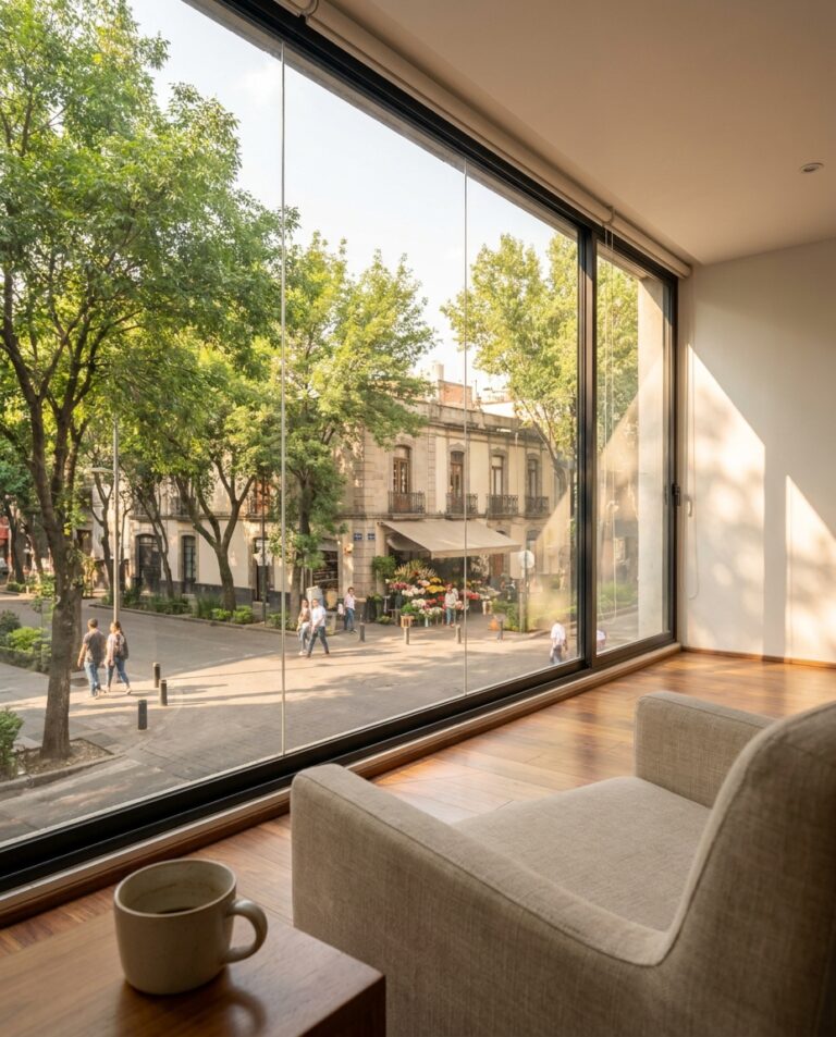 A bright apartment in Roma opens onto a tree-lined street in Mexico City, with warm wooden floors, a coffee cup by the window, and pedestrians below.