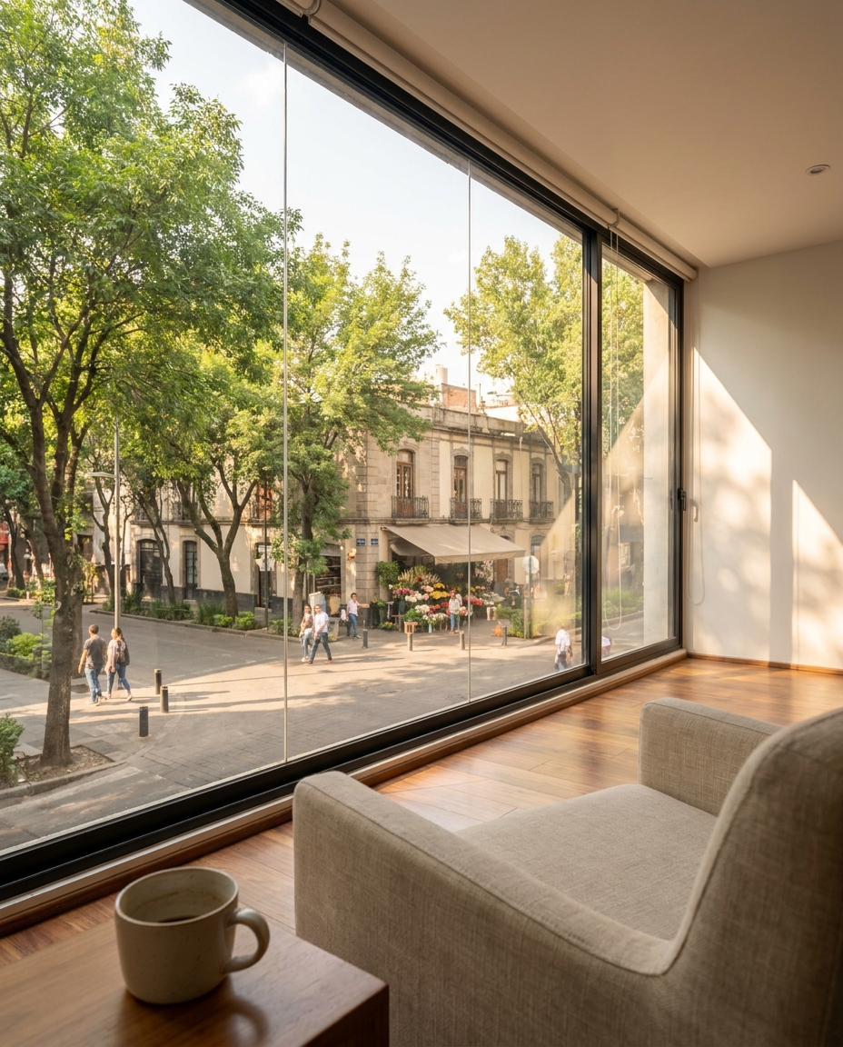 A bright apartment in Roma opens onto a tree-lined street in Mexico City, with warm wooden floors, a coffee cup by the window, and pedestrians below.