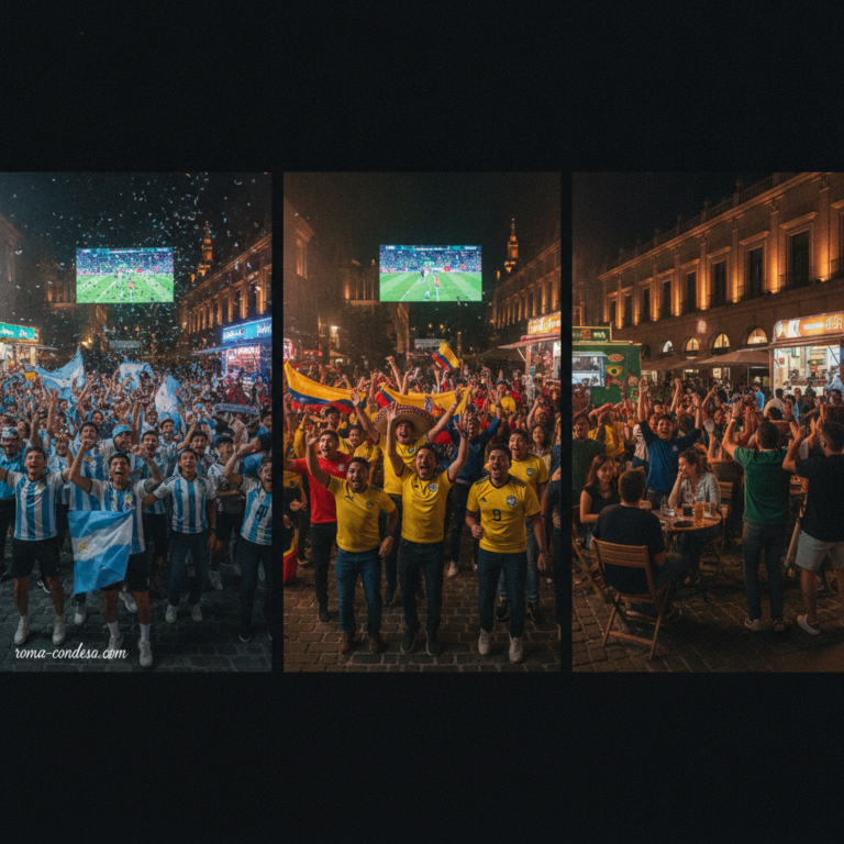 Football fans in Roma and Condesa celebrate the FIFA World Cup on a lively night street in Mexico City, with giant screens, flags and packed tables.