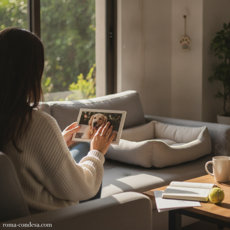 A woman sits in soft sunlight holding a framed photo of her golden retriever, reflecting quietly during pet grief in a cozy living room.