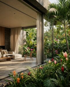Inside Casa Tabachín, a modern living room opens to a lush tropical garden through tall glass walls, with beige seating and a wooden chair.