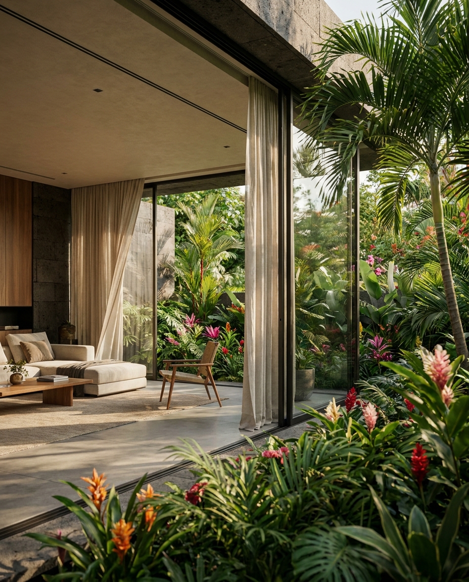 Inside Casa Tabachín, a modern living room opens to a lush tropical garden through tall glass walls, with beige seating and a wooden chair.