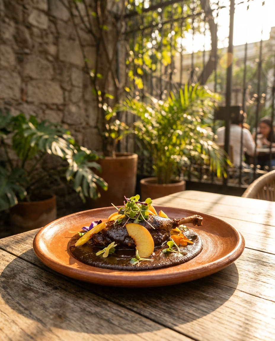 A plate of alta cocina mexicana shows braised meat in dark sauce with fruit and microgreens on a wooden table outdoors.