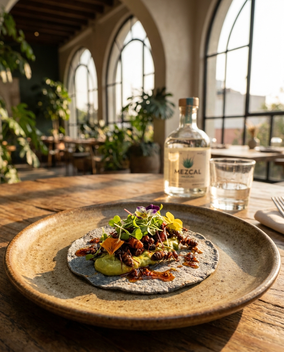 A plated Mexican fine-dining dish topped with herbs and edible flowers sits beside a mezcal bottle in warm restaurant light.