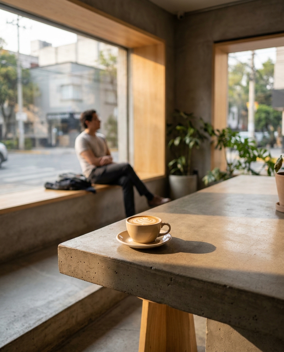 A latte on a concrete table sits beside a blurred man by the window in Once Café, with warm light, plants, and a calm Roma Condesa interior.