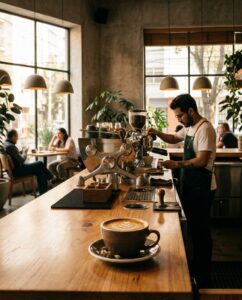 A barista prepares espresso at Once Café while a latte rests on a wooden counter in a warm Condesa coffee shop with large windows and pendant lamps.