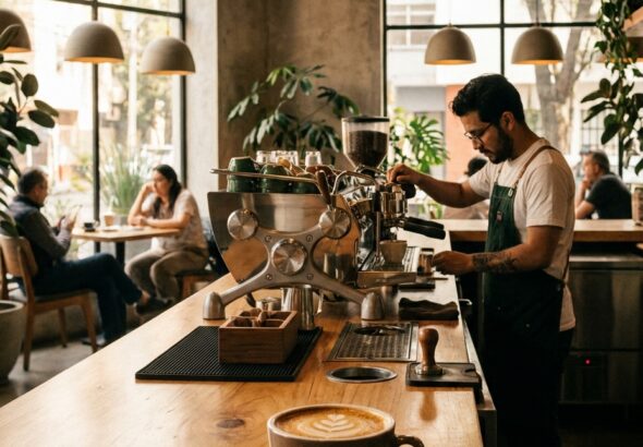 A barista prepares espresso at Once Café while a latte rests on a wooden counter in a warm Condesa coffee shop with large windows and pendant lamps.