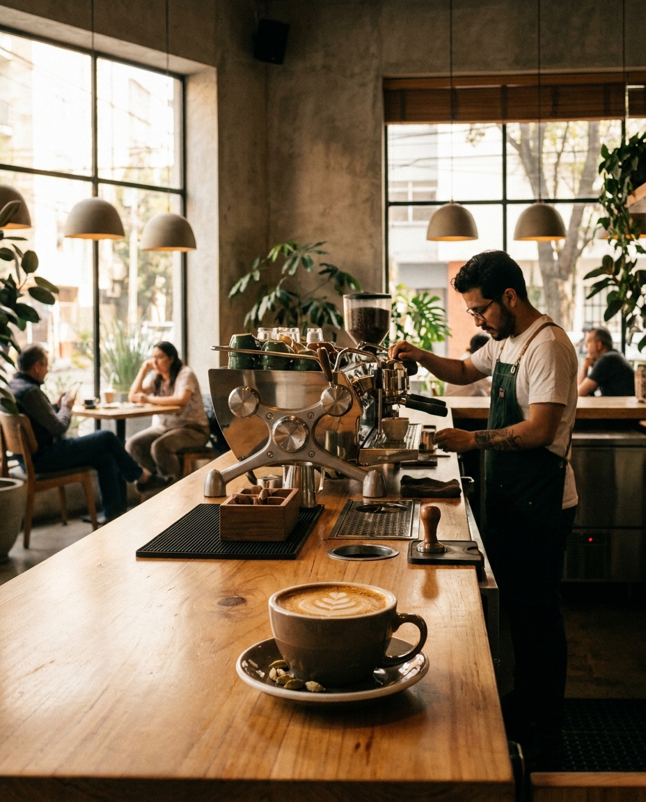 A barista prepares espresso at Once Café while a latte rests on a wooden counter in a warm Condesa coffee shop with large windows and pendant lamps.