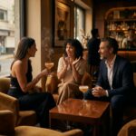 Three guests share cocktails and lively conversation inside The Ark Club Roma, with warm lighting, velvet seating, and a smoky drink in hand.