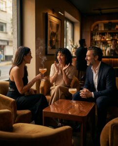 Three guests share cocktails and lively conversation inside The Ark Club Roma, with warm lighting, velvet seating, and a smoky drink in hand.