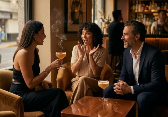 Three guests share cocktails and lively conversation inside The Ark Club Roma, with warm lighting, velvet seating, and a smoky drink in hand.