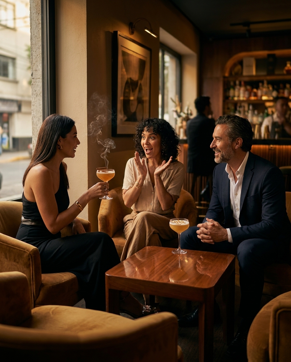Three guests share cocktails and lively conversation inside The Ark Club Roma, with warm lighting, velvet seating, and a smoky drink in hand.