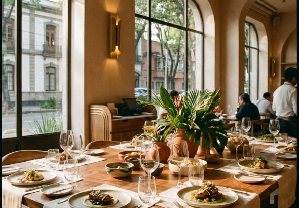 An elegant dining room in the Condesa with arched windows, a long set table, and guests seated around it.