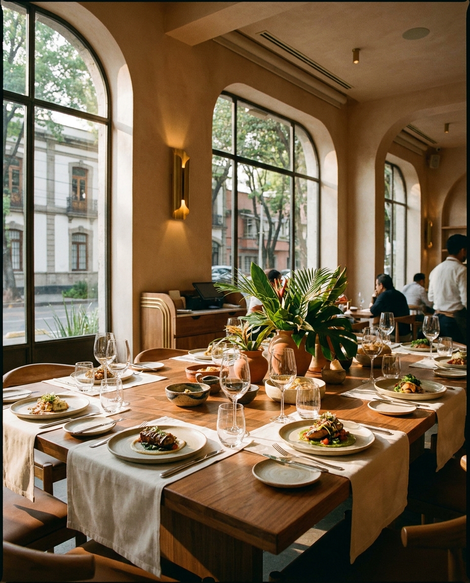 An elegant dining room in the Condesa with arched windows, a long set table, and guests seated around it.