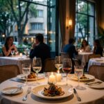 Una mesa de cena elegante en un restaurante de la Condesa, con velas, vino y platos servidos junto a ventanales.