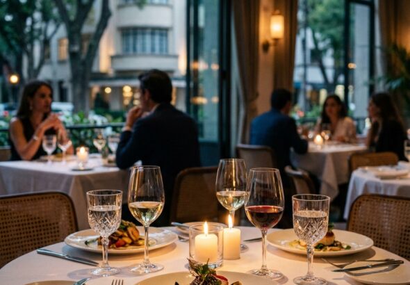 Una mesa de cena elegante en un restaurante de la Condesa, con velas, vino y platos servidos junto a ventanales.
