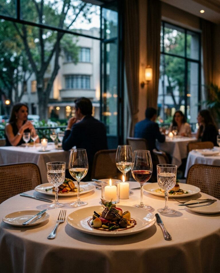 Una mesa de cena elegante en un restaurante de la Condesa, con velas, vino y platos servidos junto a ventanales.