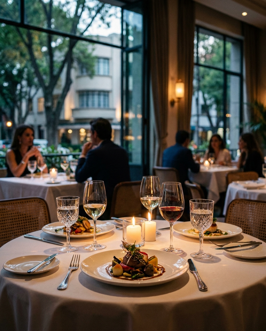 Una mesa de cena elegante en un restaurante de la Condesa, con velas, vino y platos servidos junto a ventanales.
