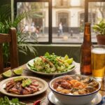 Fresh seafood dishes with lime wedges sit by a window at Mariscos Don Pancho, with a beer bottle and glass beside them.