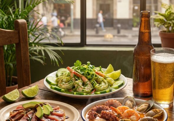 Fresh seafood dishes with lime wedges sit by a window at Mariscos Don Pancho, with a beer bottle and glass beside them.