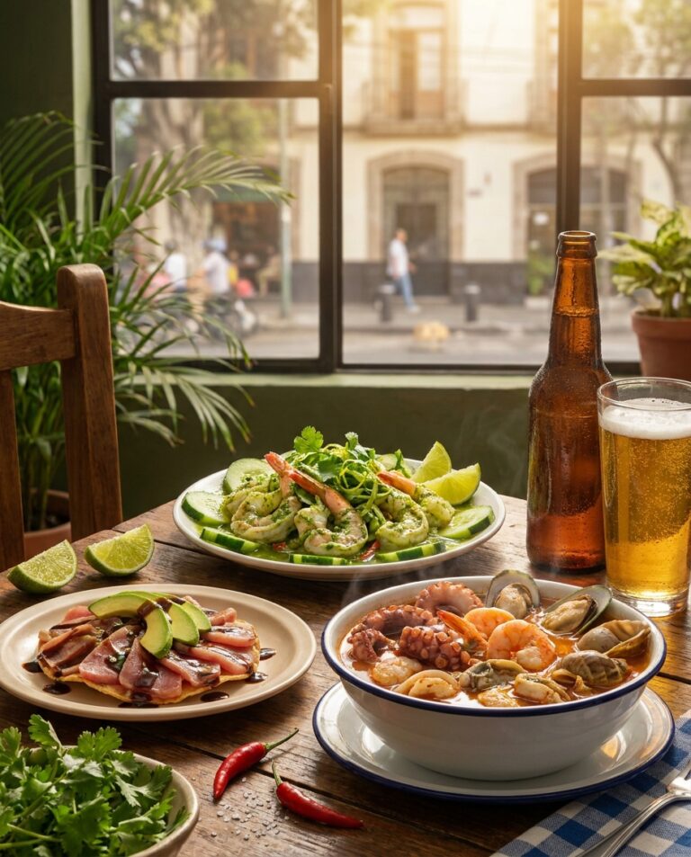 Fresh seafood dishes with lime wedges sit by a window at Mariscos Don Pancho, with a beer bottle and glass beside them.
