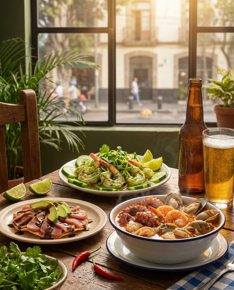 Fresh seafood dishes with lime wedges sit by a window at Mariscos Don Pancho, with a beer bottle and glass beside them.