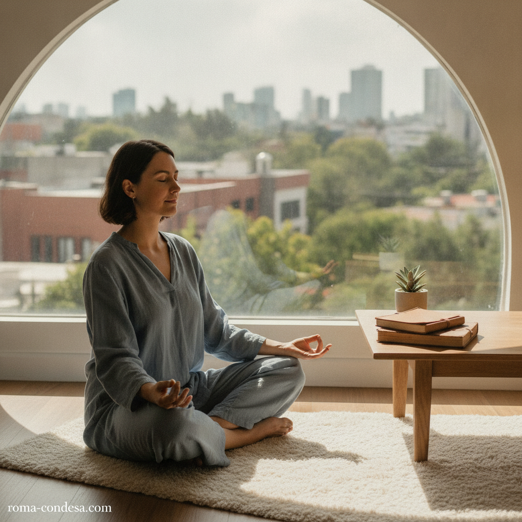 A woman sits cross-legged in meditation beside an arched window, with notebooks and a small plant on the table.