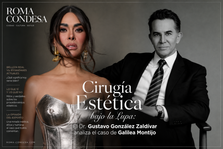 Galilea Montijo stands beside Dr. Gustavo González Zaldívar in a RomaCondesa cover about estética surgery.
