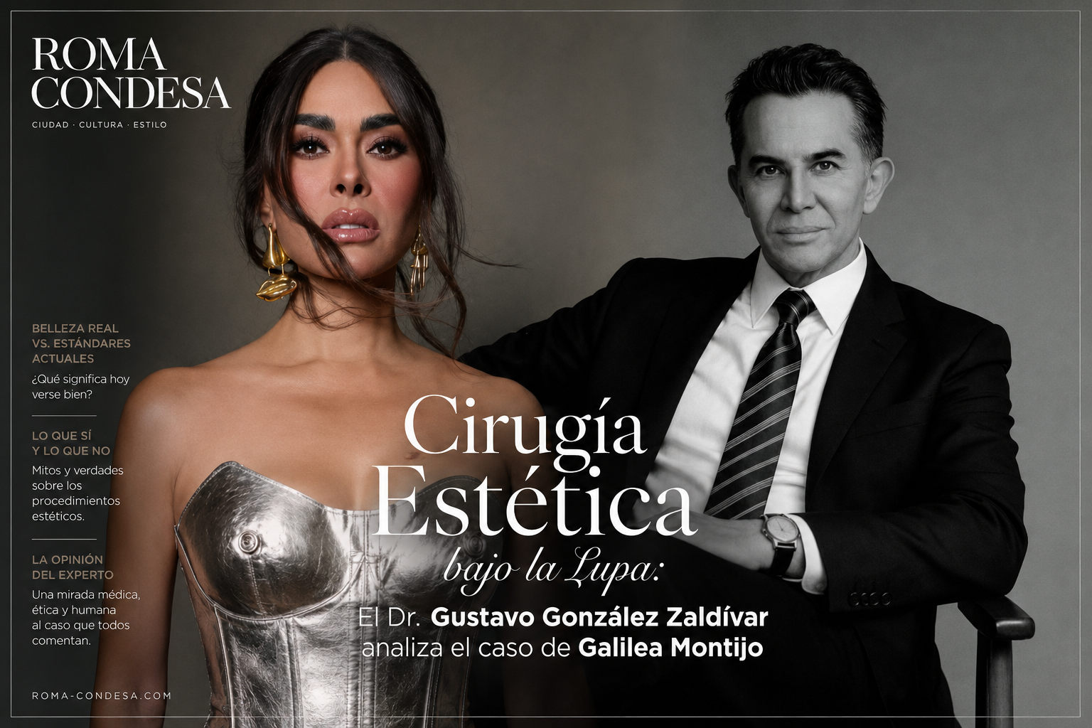 Galilea Montijo stands beside Dr. Gustavo González Zaldívar in a RomaCondesa cover about estética surgery.