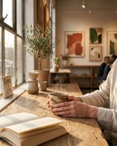 A steaming ceramic cup rests beside an open book on a rustic wooden table inside a quiet café in Roma.
