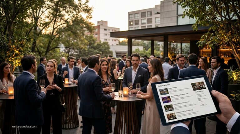 Guests mingle at an exclusive weekly event in Roma and Condesa, with drinks, dining tables, and a digital agenda screen.