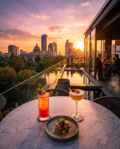 Golden sunset over Condesa and Mexico City, with rooftop cocktails, gourmet dining, and a reflective pool beside the skyline.