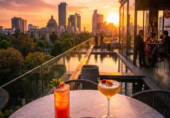 Golden sunset over Condesa and Mexico City, with rooftop cocktails, gourmet dining, and a reflective pool beside the skyline.